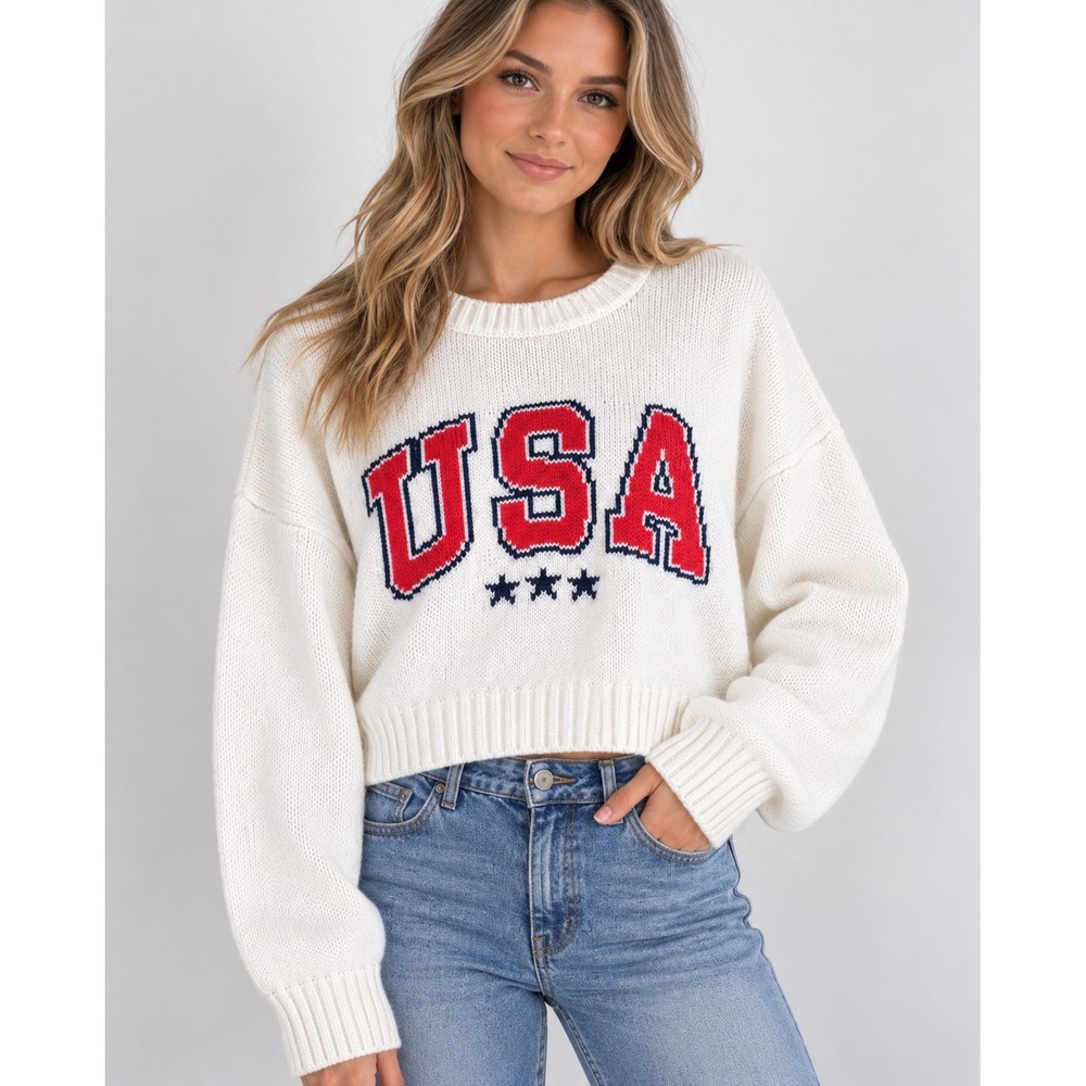 Grayson Threads Women XL USA Graphic Cropped Sweater Cream Knit Long Sleeve NWT